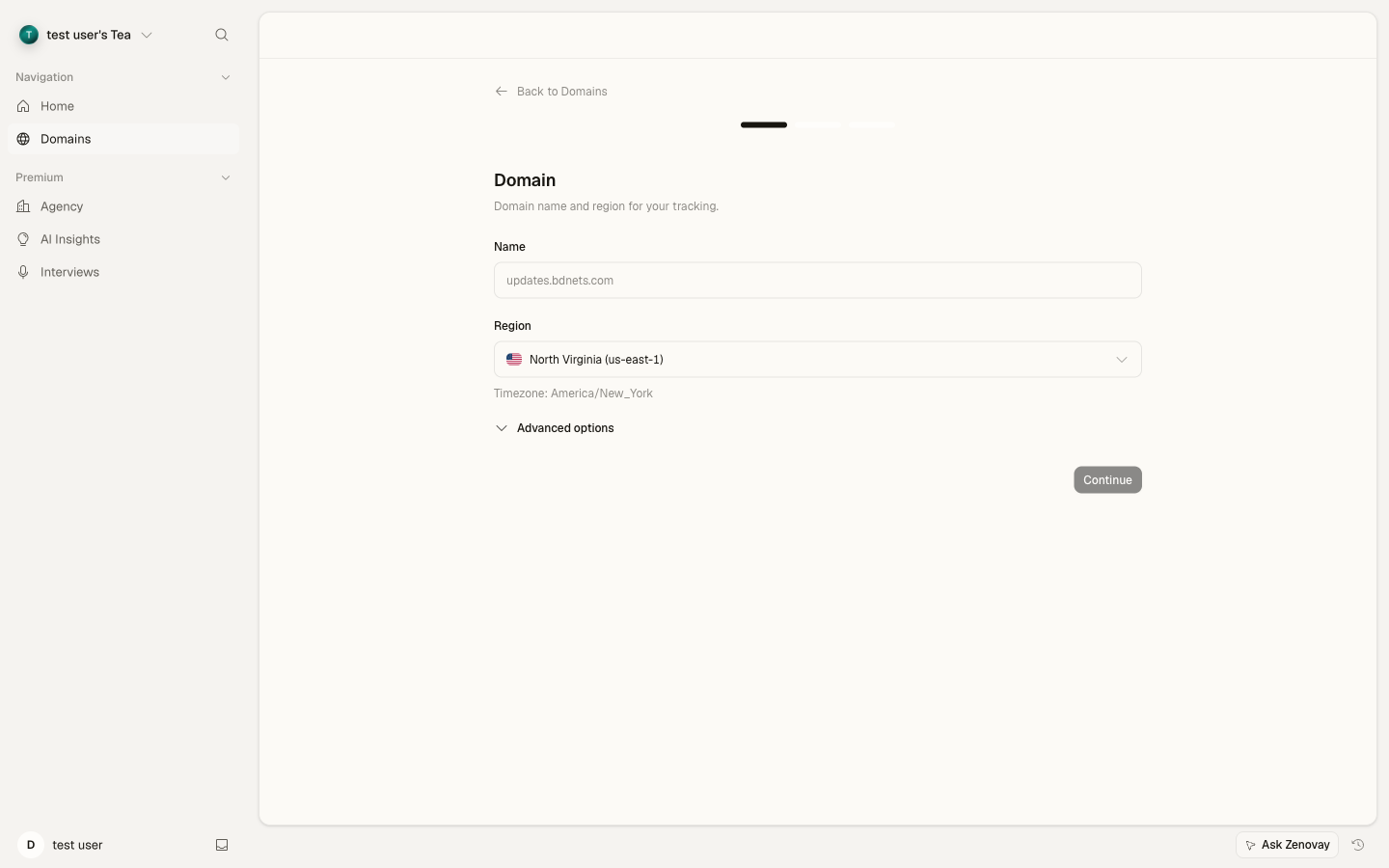 Add domain form with fields for site name and region