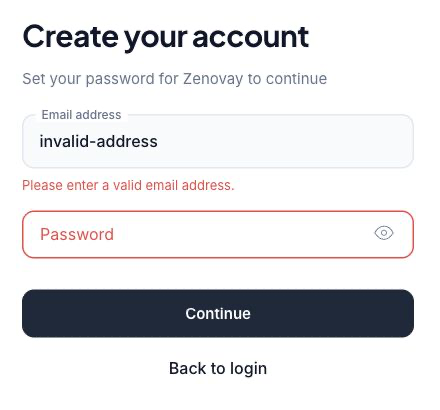 The signup password step showing a clear correction prompt for a malformed email address