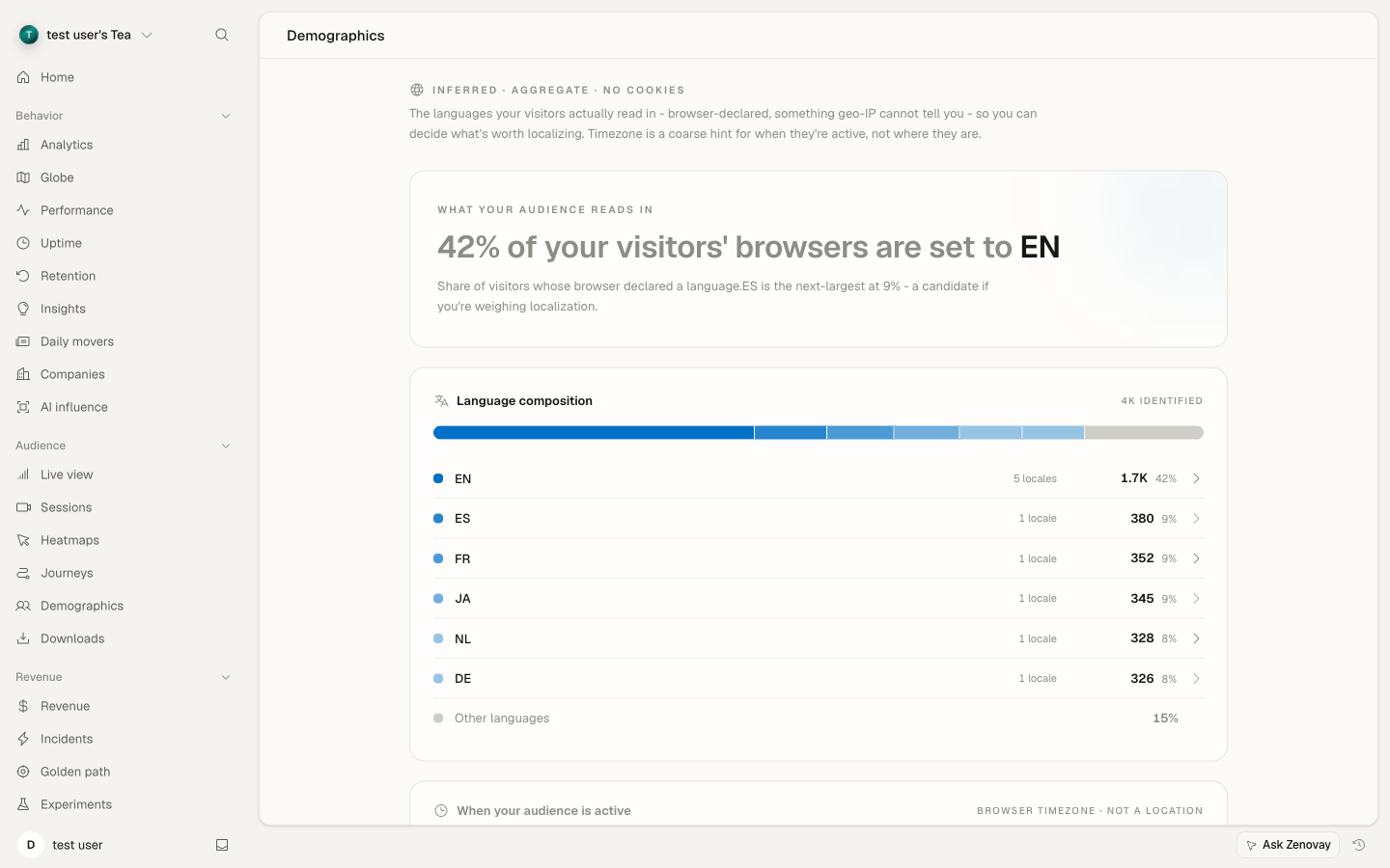 Demographics tab showing visitor language and locale breakdown