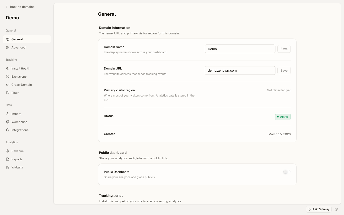 Domain settings page showing the per-domain navigation including the Import tab