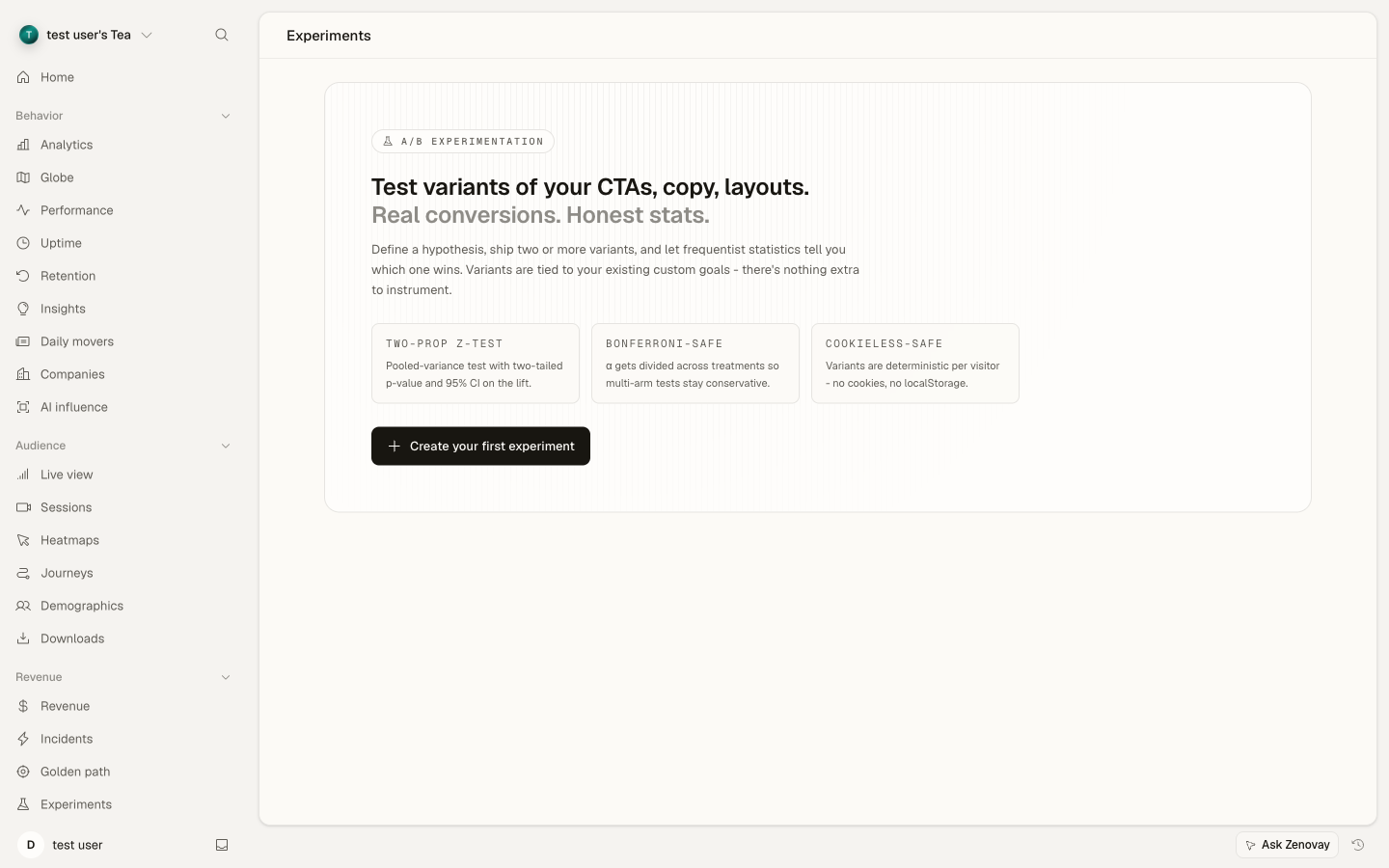 Experiments tab showing a list of A/B experiments with variant counts and status badges