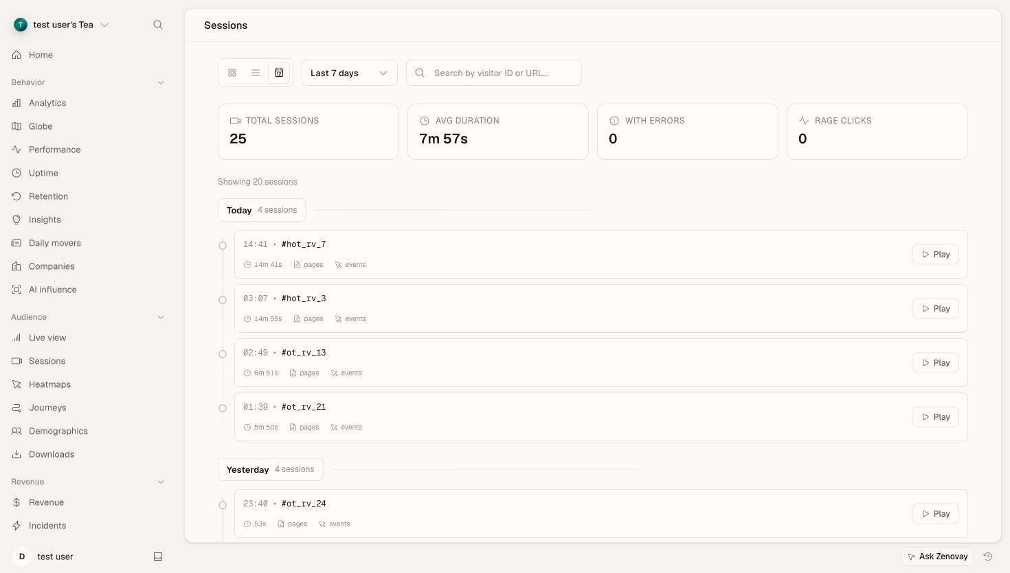 Zenovay Sessions view listing recorded sessions with duration and a replay button.