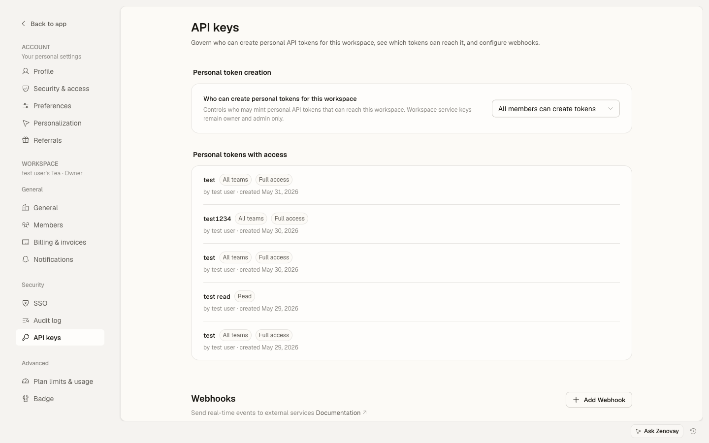 Settings → Security → API keys page showing personal tokens and team API keys