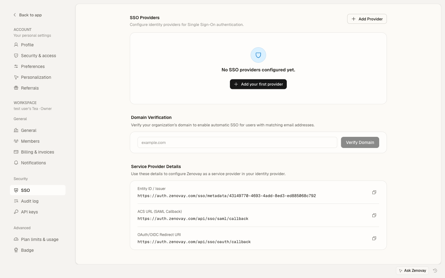 Settings → Security → SSO showing provider setup and service-provider details