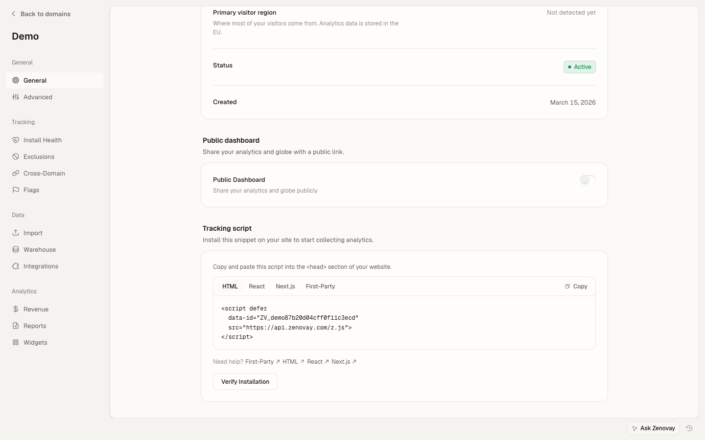 Tracking script card showing the script snippet with HTML, React, Next.js, and First-Party tabs